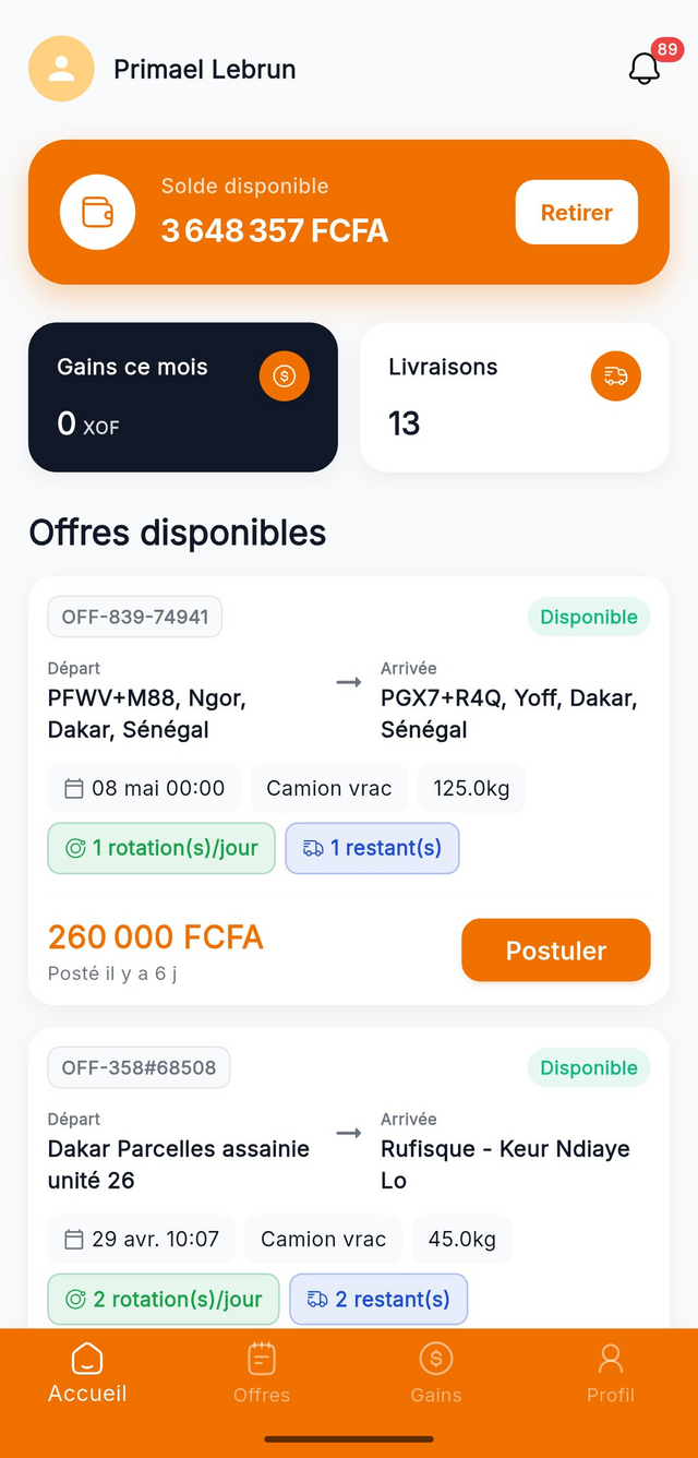 Tableau de bord Transilix : solde, gains et offres disponibles