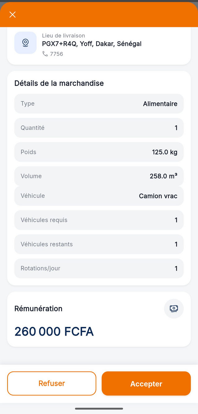 Détails d'une expédition et rémunération en FCFA