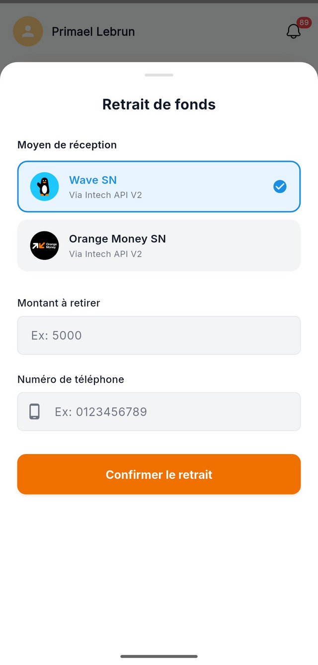 Retrait de fonds via Wave et Orange Money