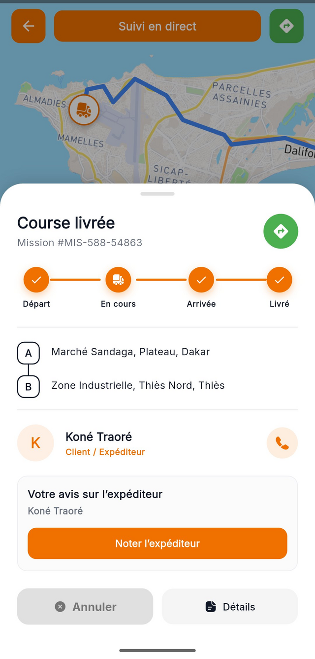 Suivi GPS en temps réel d'une livraison à Dakar